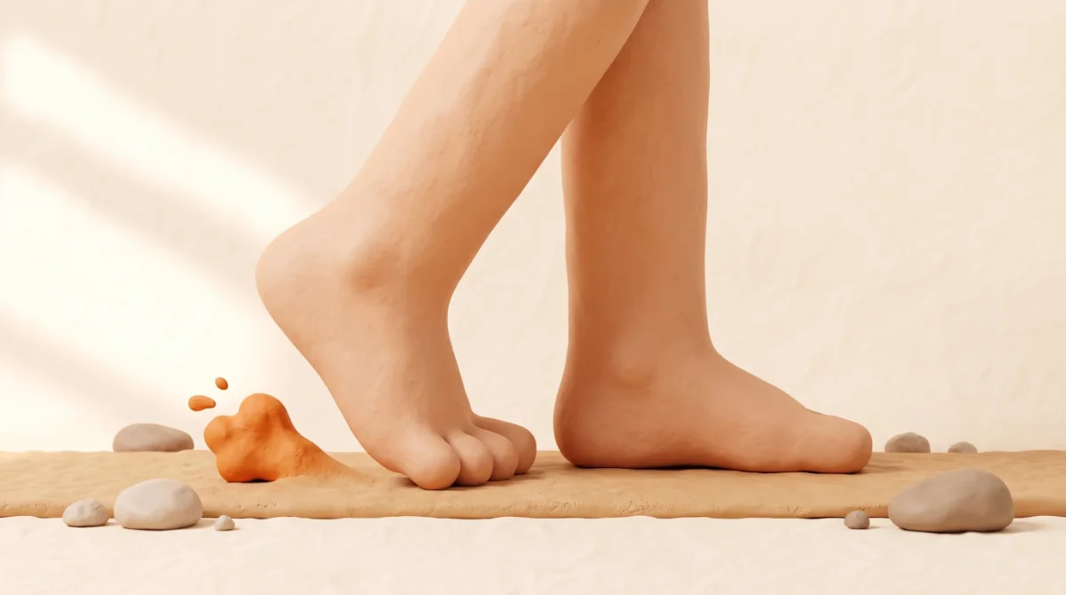 כפות רגליים יחפות מחימר צועדות על שביל חול