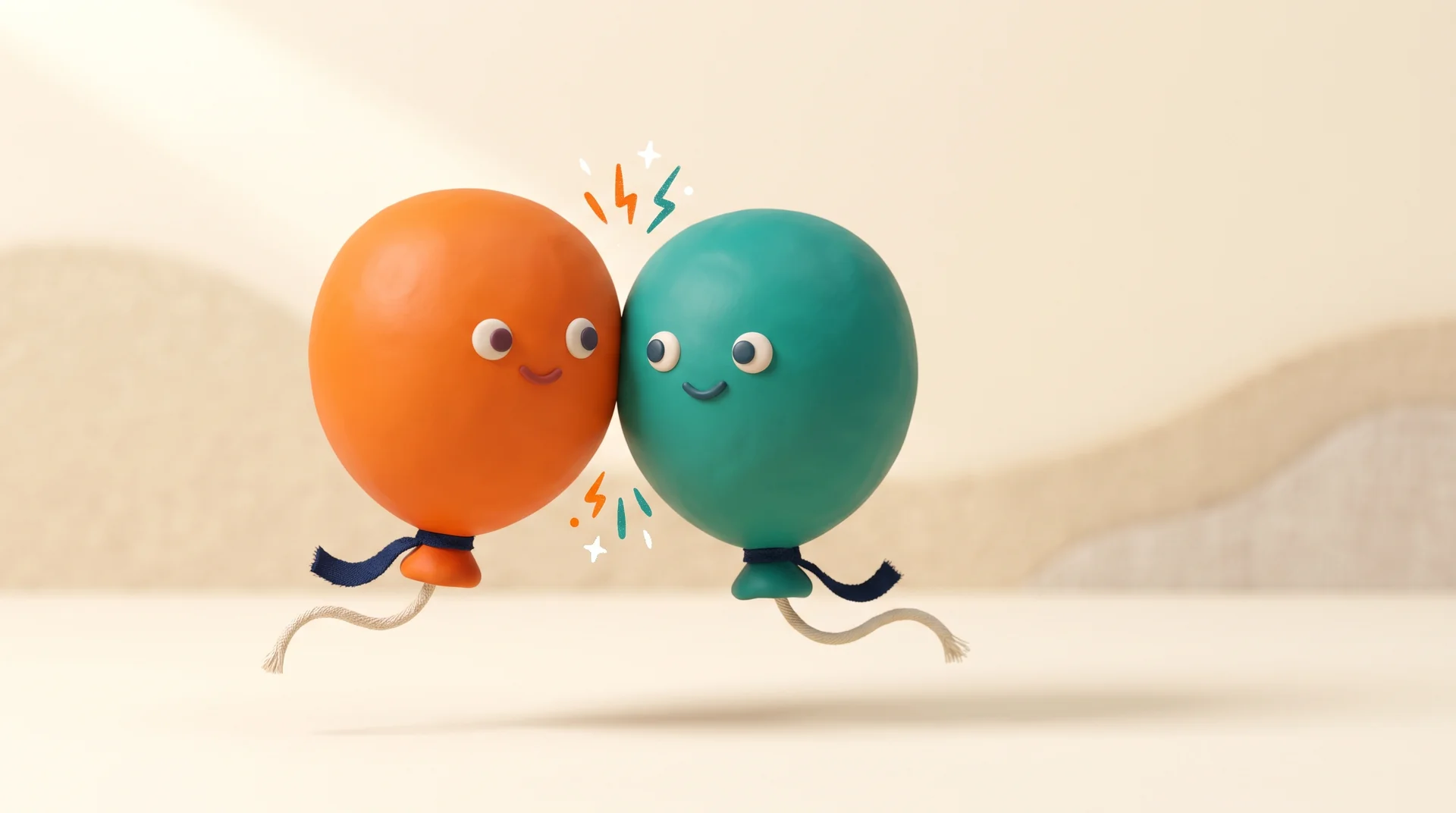 שני בלונים קטנים, כתום וטורקיז, נמשכים זה לזה עם ניצוצות ביניהם