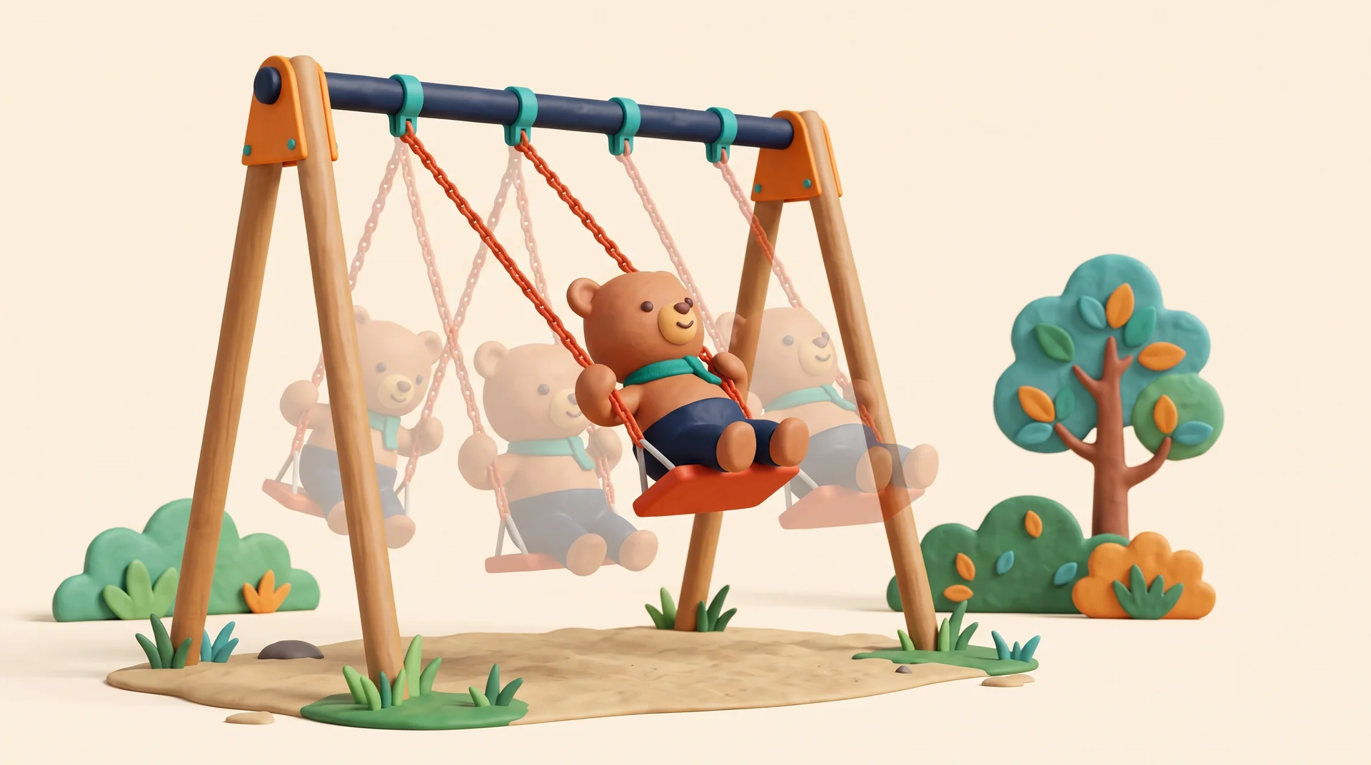 נדנדה עם דובי חימר בשיא התנופה, והעתקים שקופים שמראים את הקצב
