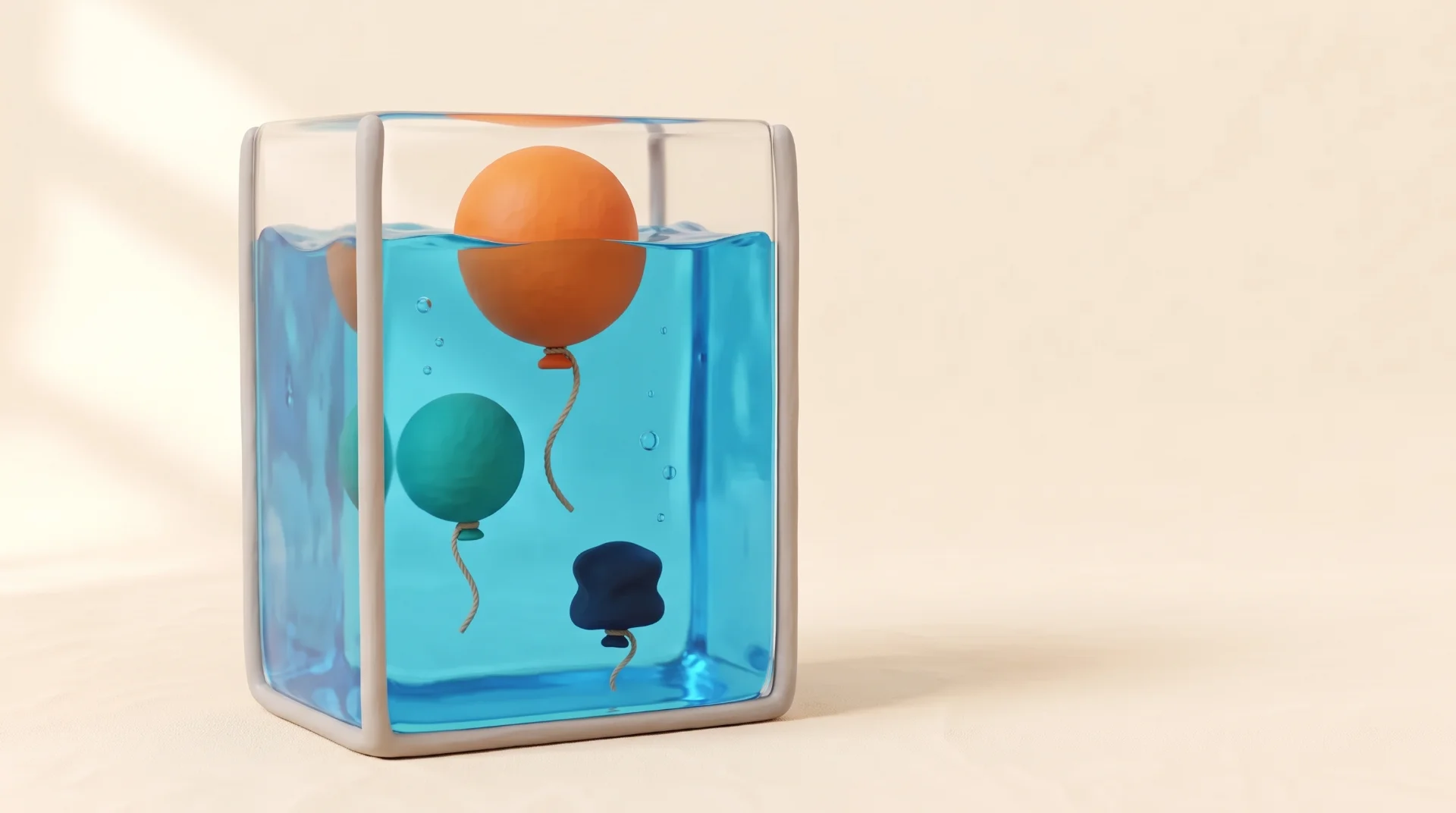 מיכל מים שקוף מחימר ובו שלושה בלונים בעומקים שונים: הבלון העליון גדול, והתחתון קטן ומכווץ