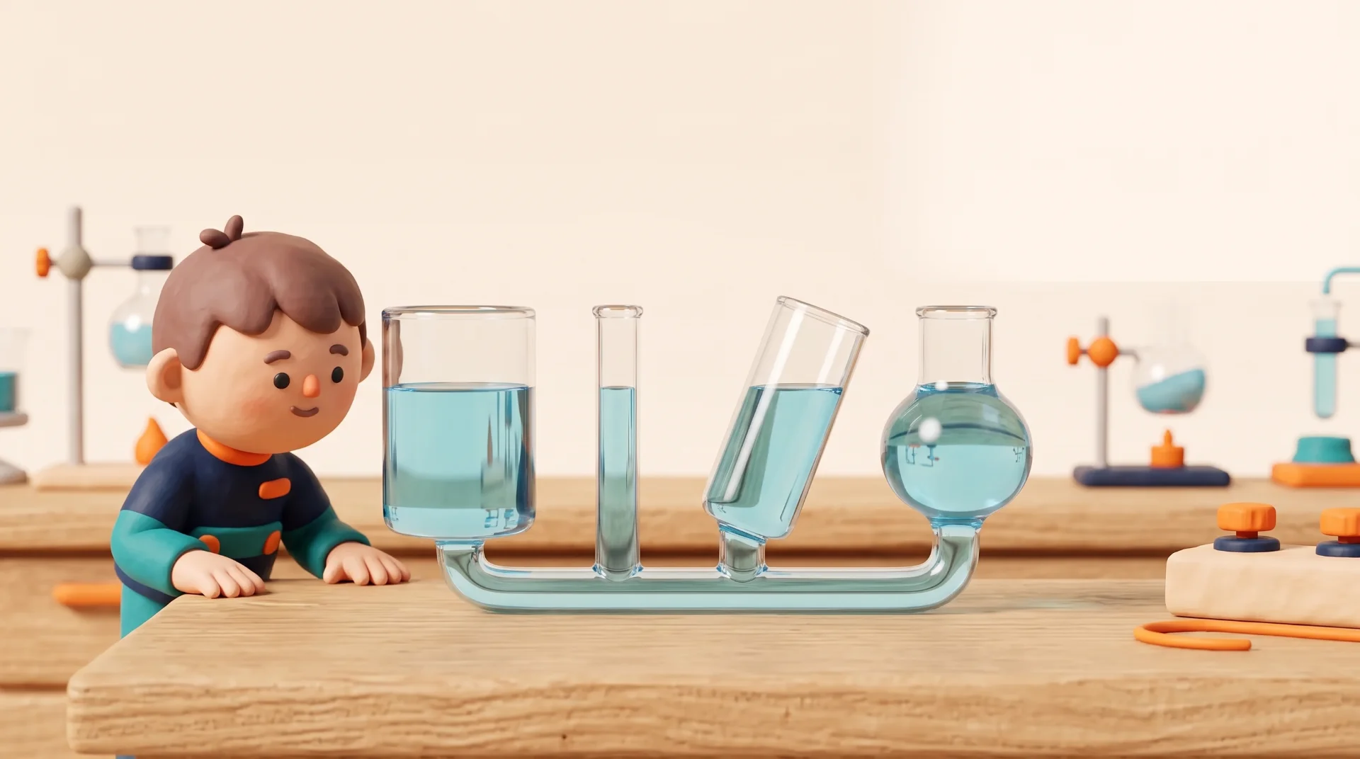 כמה כלי זכוכית בצורות שונות מחוברים בצינור בתחתית, ובכולם המים באותו גובה