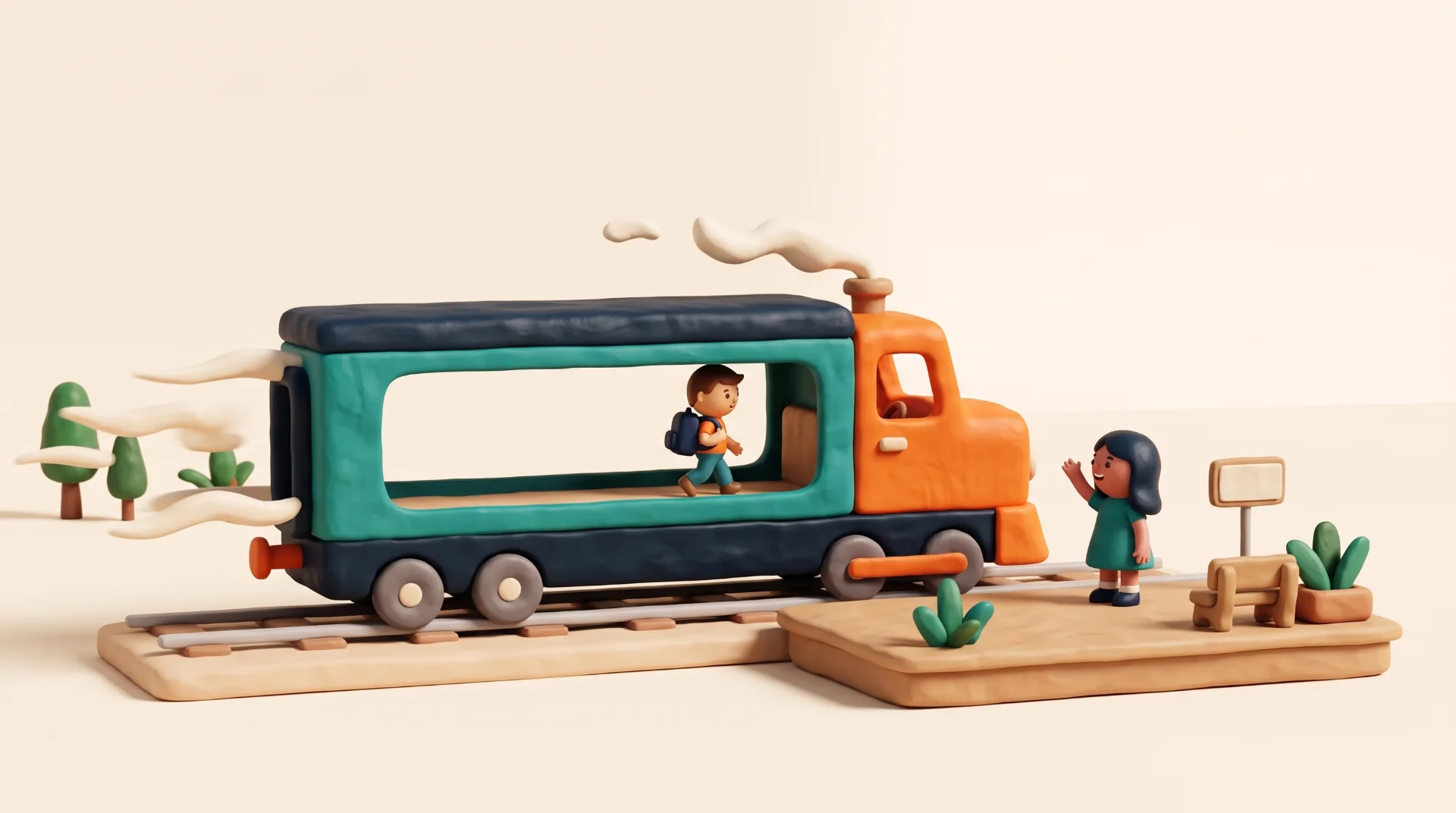 ילד מחימר הולך בתוך קרון רכבת נוסעת, וילדה על הרציף מנופפת לו