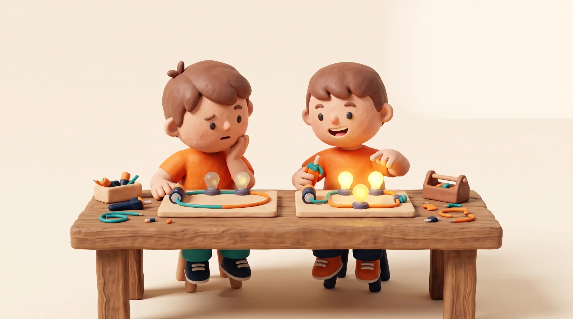 שני ילדים מחברים נורות קטנות לסוללה על לוח עץ, בשני סידורים שונים
