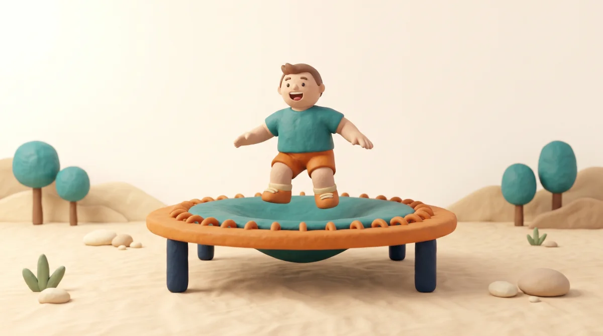 ילד מחימר נוחת על טרמפולינה, והמשטח נמתח מתחת לרגליו