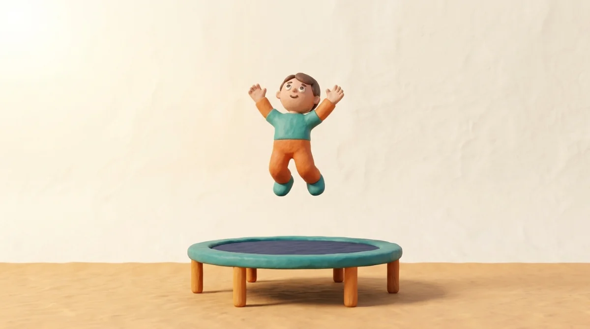 ילד מחימר בנקודה הגבוהה של הקפיצה מעל טרמפולינה